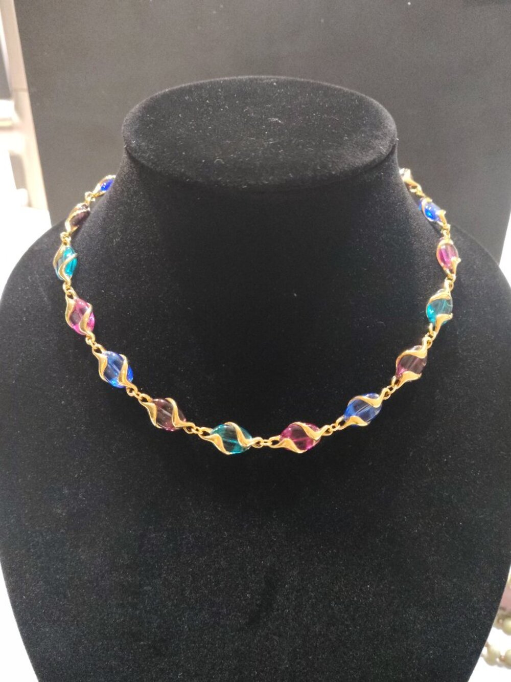 Vintage Signed Swarovski Caged Crystal Necklace Multicolor Gold Tone Swan Logo
